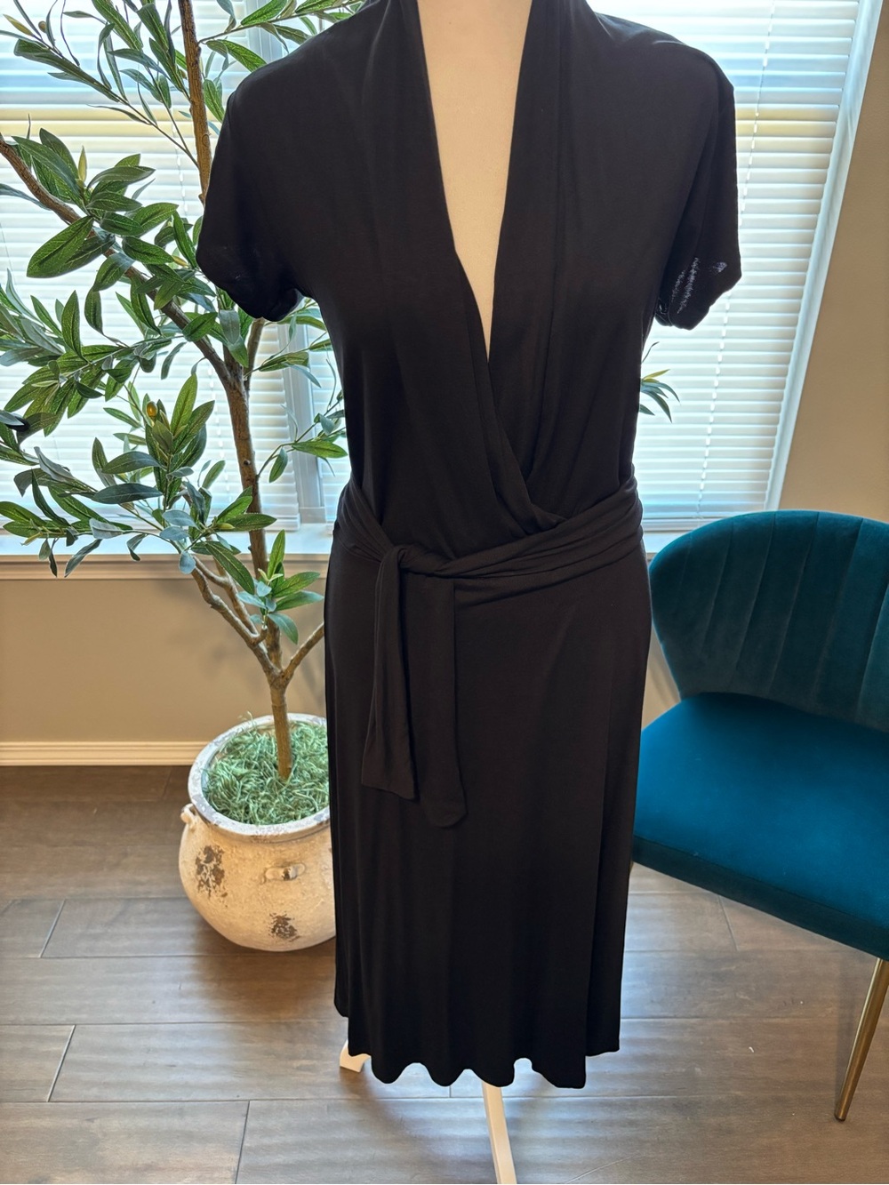 Classic Black Wrap Dress with Waist Tie